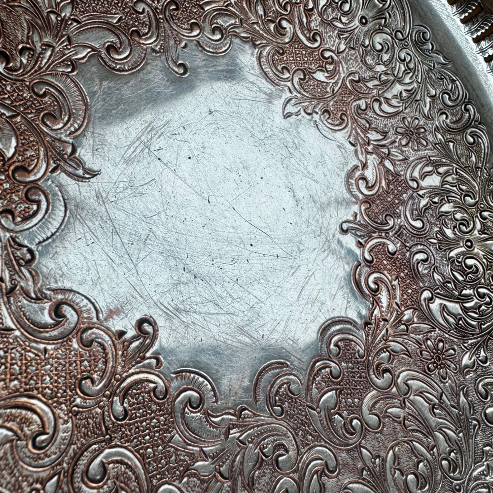 Antique European 540 Silver on Copper Tea Tray Art Nouveau Floral Rope Rim 10.5 - Picture 5 of 9